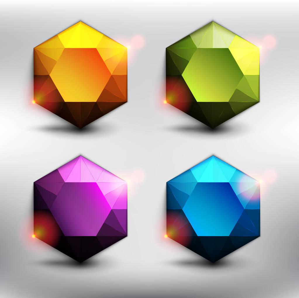 Abstract vector colorful gemstones set of 4. Hexagonal diamonds in 4 different colors. Isolated with realistic, transparent shine and shadow on the light background. Vector illustration. Eps10. - Vector, Image