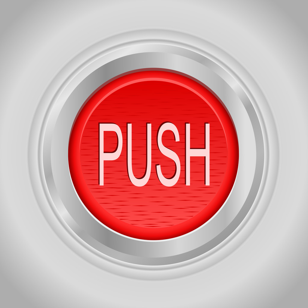 Red round push button bordered by a metallic ring - Vector, Image