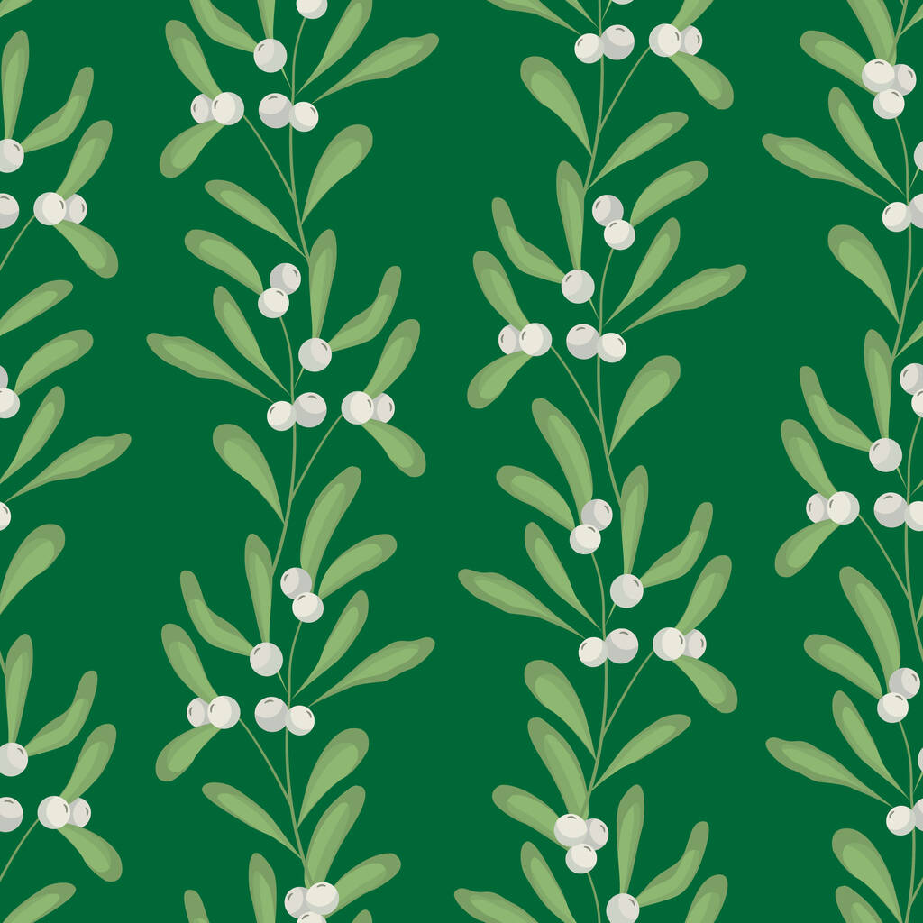 Vector seamless pattern with vertical mistletoe branches on green background; white mistletoe for fabric, wallpaper, packaging, textile, web design. - ベクター画像
