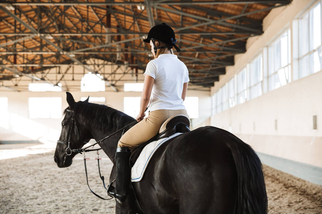 Voltar imagem vista de jovem bela mulher usando chapéu com cavalo no campo em curral na área de treinamento
. - Foto, Imagem