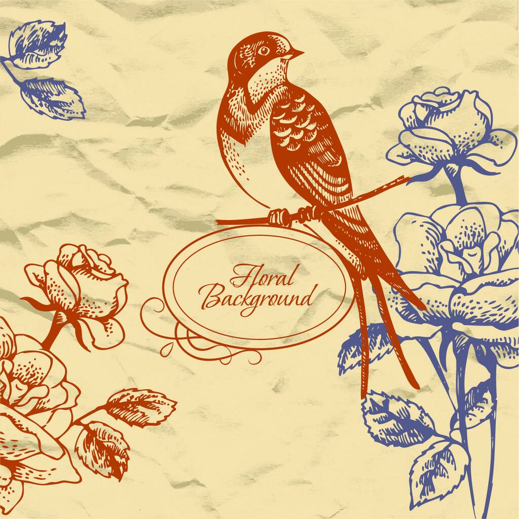 Retro floral background with bird - Vector, Image
