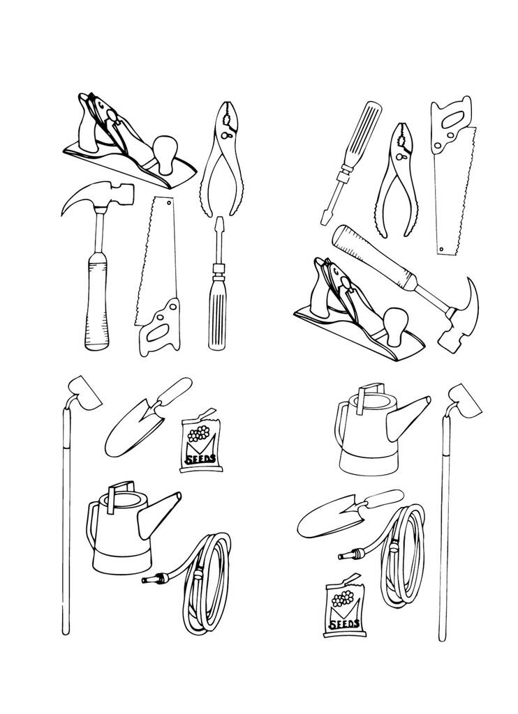 Kolekcja konturów wektorowych różnych narzędzi w wykonaniu czarno-białym - Wektor, obraz