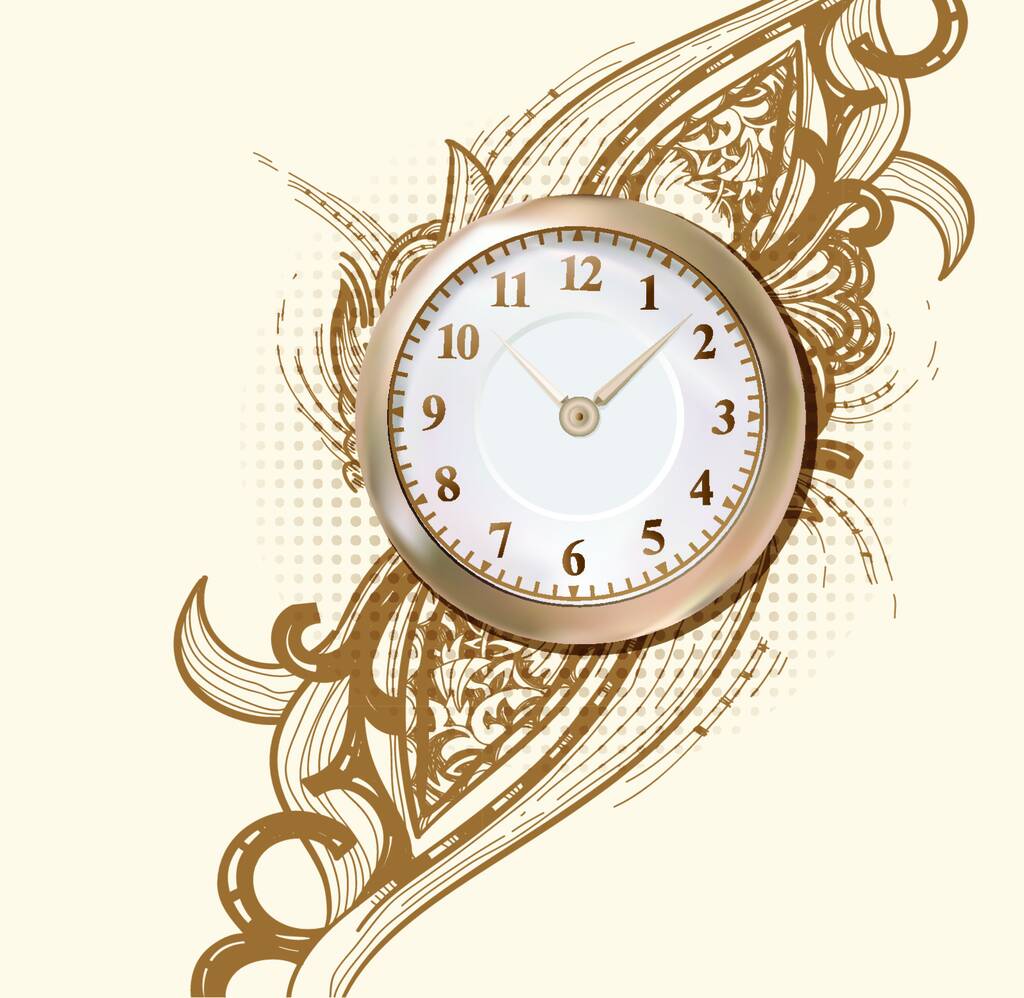 vector illustratie van een oude gouden klok op een abstracte achtergrond met een rijk ornament - Vector, afbeelding