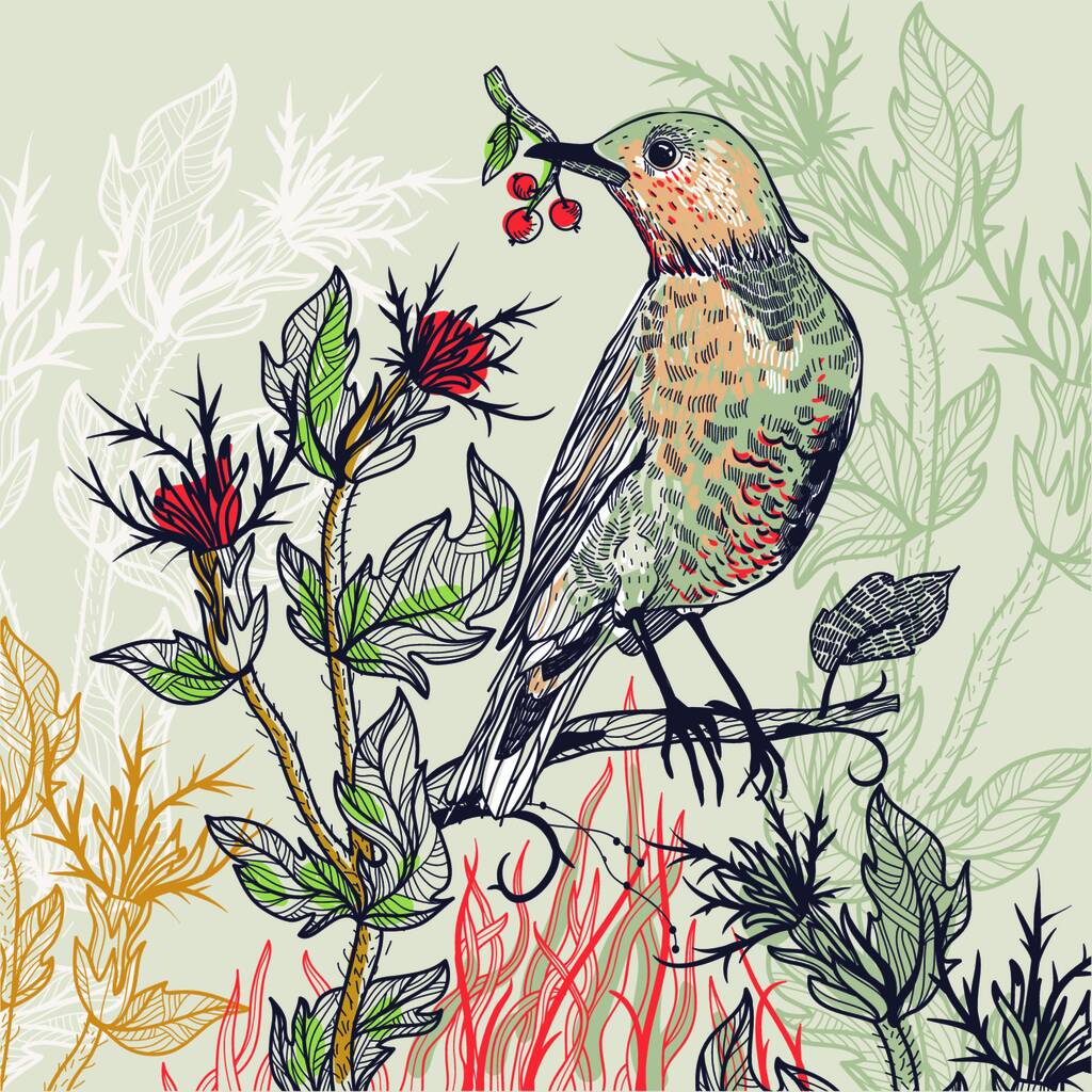 illustrazione vettoriale di un uccello della foresta con piante selvatiche - Vettoriali, immagini