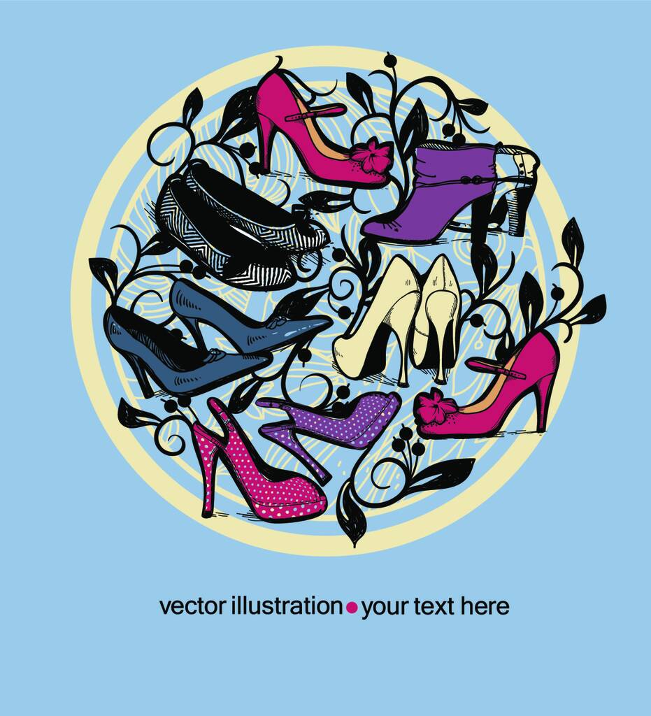 Векторна ілюстрація черевиків на квітковому тлі з листям та ягодами
 - Вектор, зображення