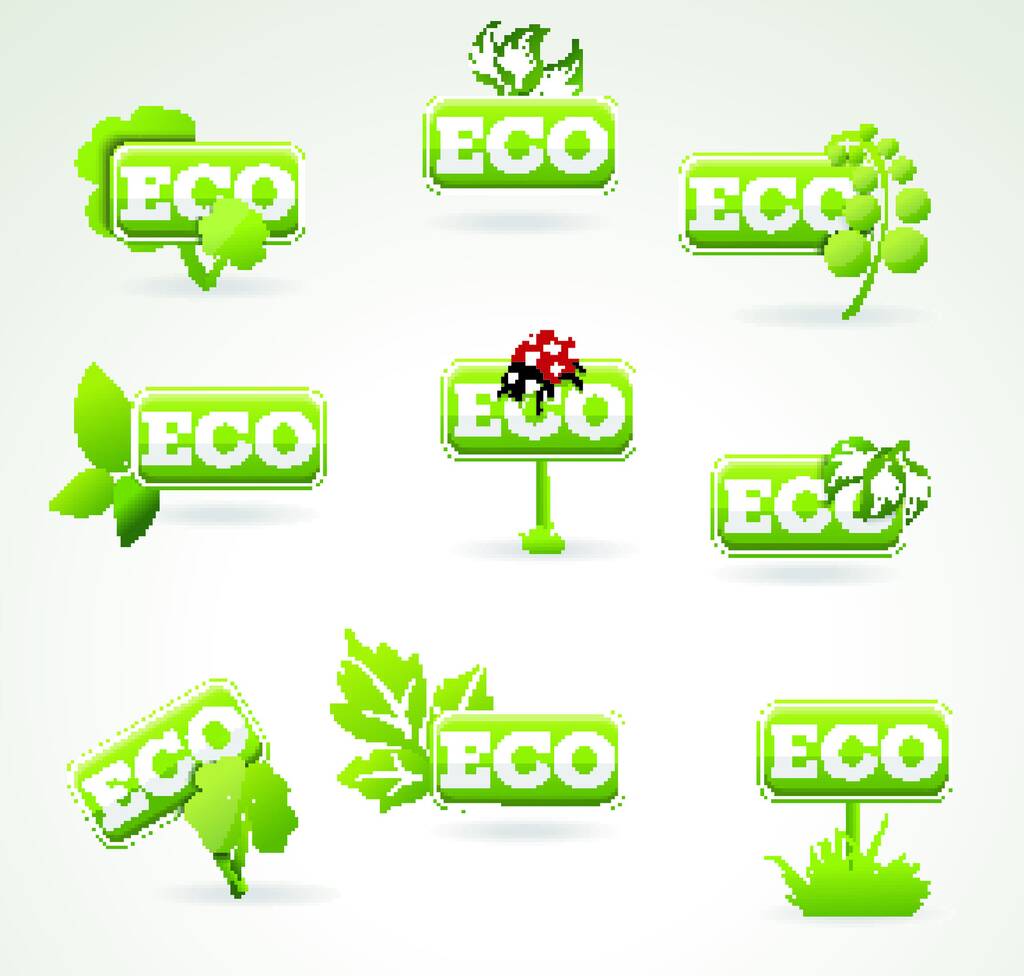 Conjunto de etiquetas de color verde brillante con hojas para productos orgánicos, naturales, ecológicos o biológicos aislados sobre fondo blanco
. - Vector, Imagen