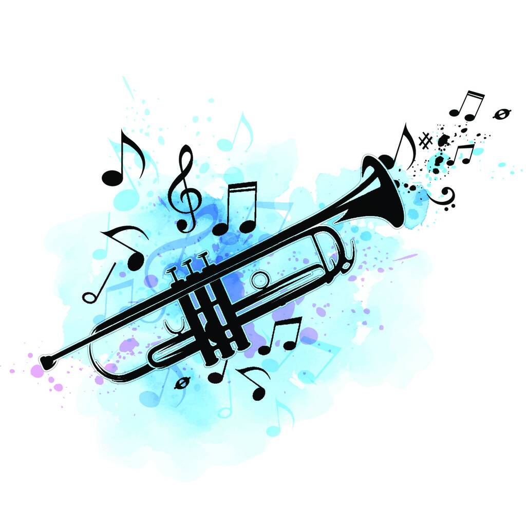 Fond abstrait musical avec trompette noire, notes et texture aquarelle bleue. Illustration vectorielle.. Trompette noire, notes et texture aquarelle bleue
 - Vecteur, image