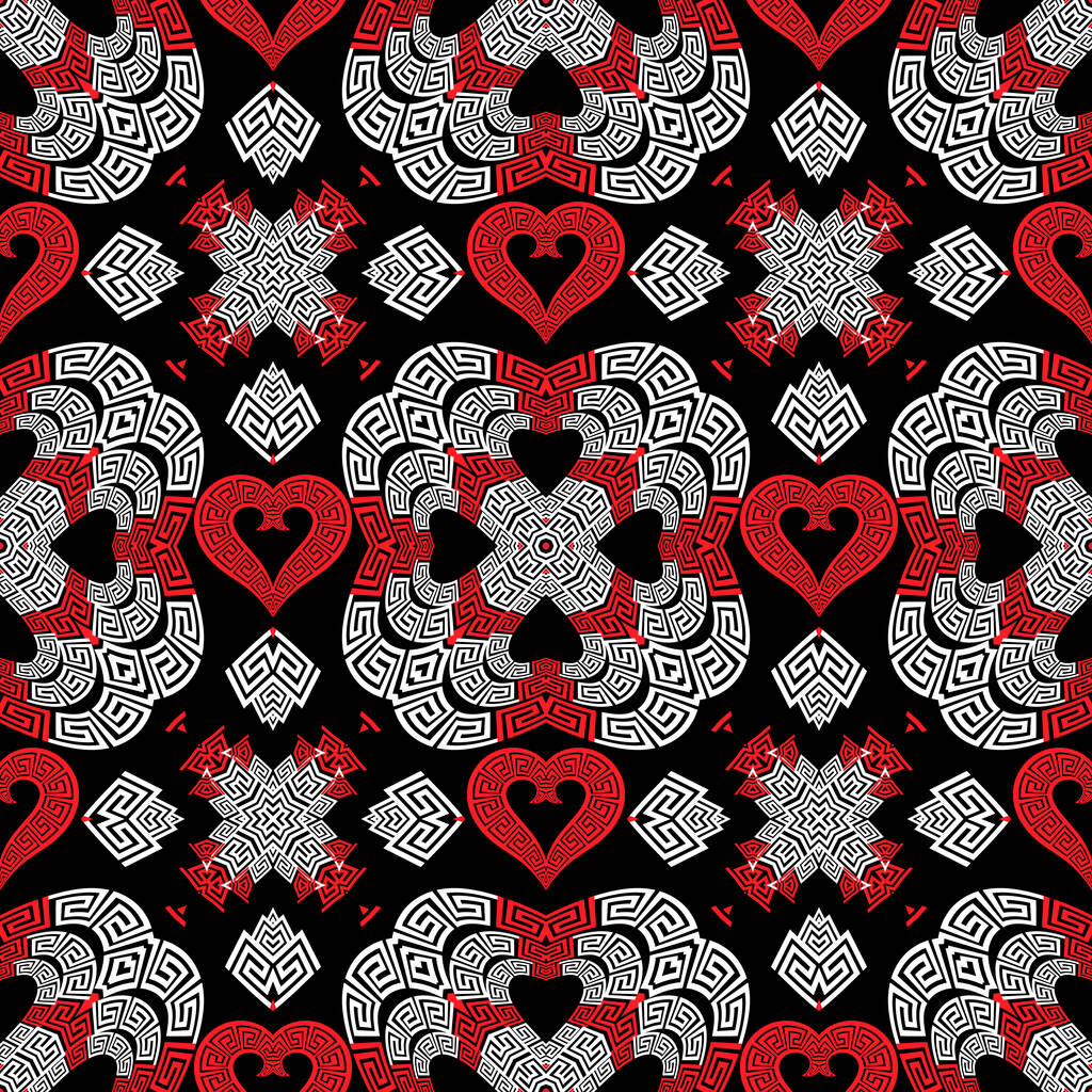 Αγάπη καρδιές ρομαντικό διάνυσμα αδιάλειπτη μοτίβο. Μαύρο λευκό κόκκινο διακοσμητικό ελληνικό στυλ φόντο. Μοντέρνο μοτίβο επαναλαμβανόμενο σκηνικό. Όμορφες αφηρημένες καρδιές αγάπης. Ελληνικό κλειδί μαιάνδρους vintage στολίδια - Διάνυσμα, εικόνα
