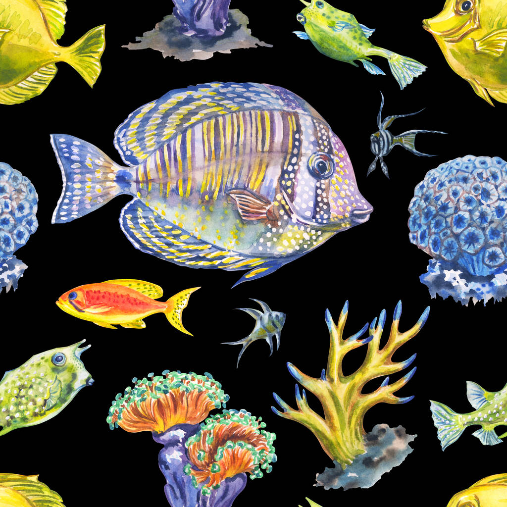 Motivo senza cuciture di pesci di mare, coralli e anemoni su sfondo nero, illustrazione ad acquerello, stampa per tessuto e vari disegni
. - Foto, immagini
