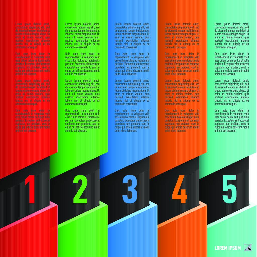 Infographics σε στυλ χαρτί με πολύχρωμες στήλες και αριθμημένα στοιχεία από ένα έως πέντε - Διάνυσμα, εικόνα