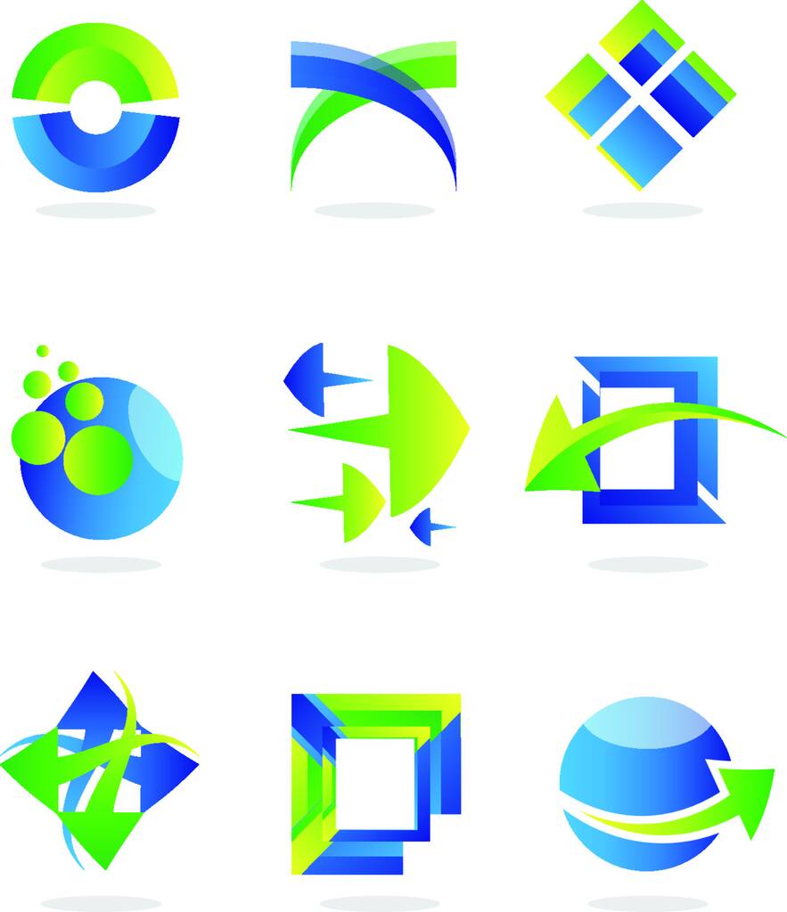 Набор векторных дизайнов логотипов различных цветов, таких как стрелки, прямоугольники, сферы - Вектор,изображение