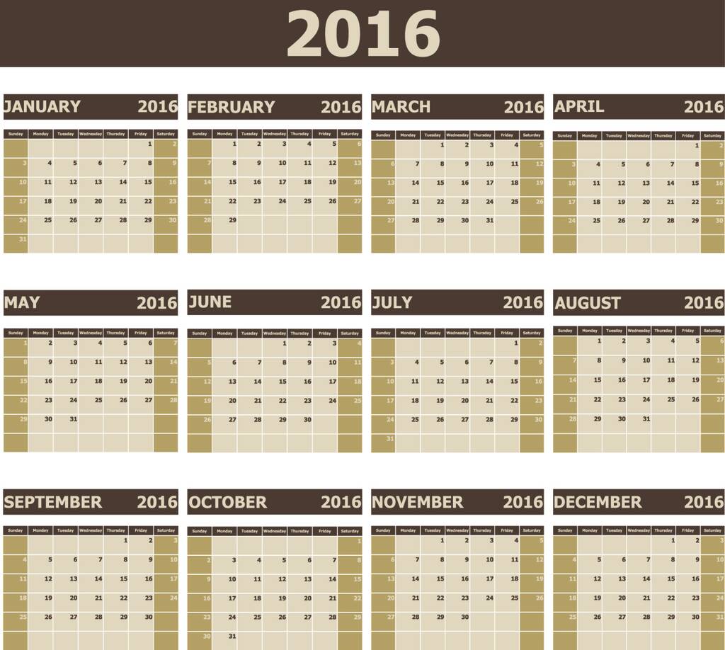 Calendario 2016 settimana inizia da Domenica, vettore stock
 - Vettoriali, immagini