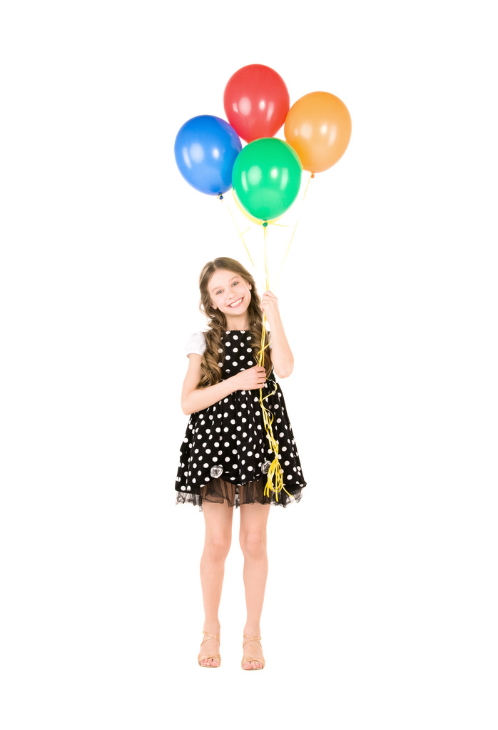 Onnellinen tyttö värikkäitä ilmapalloja
 - Valokuva, kuva