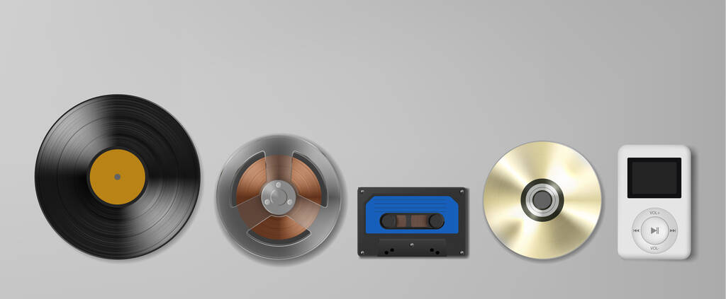 Evolution of technology concept, vinyl record, tape, disk and mp3 player on the grey background. - Vector, Image