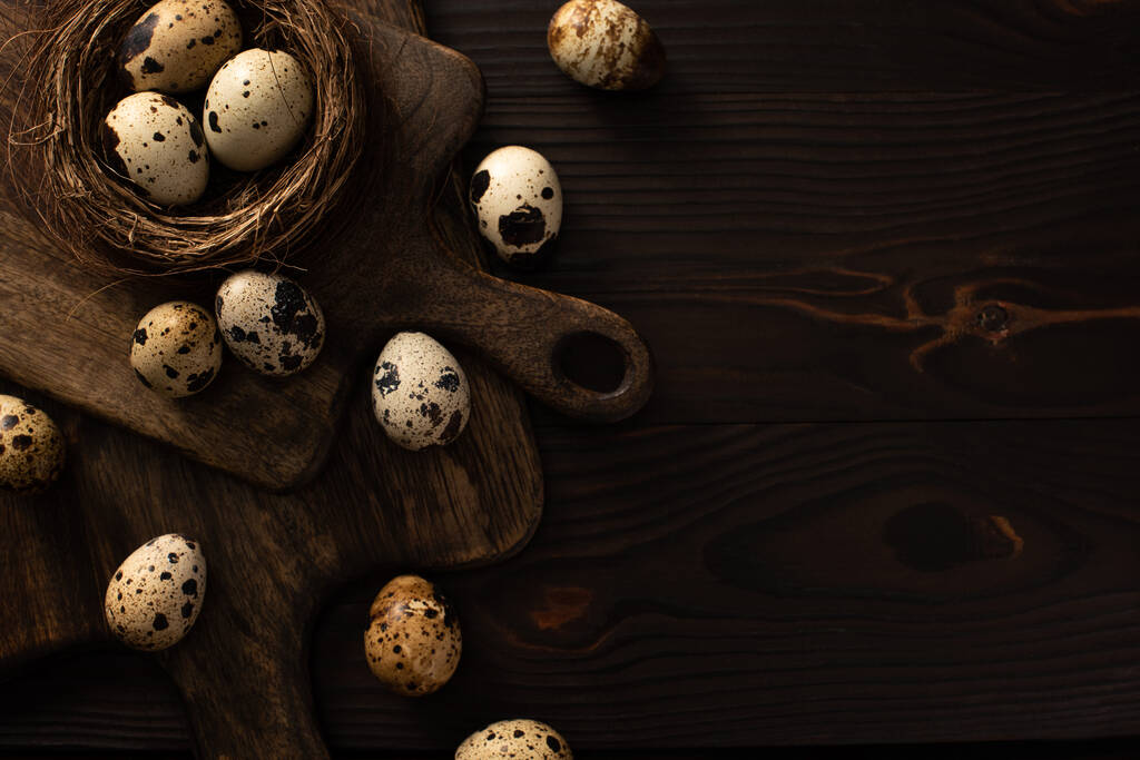 vista superior de huevos de codorniz en nido y sobre tablas de cortar marrones en superficie de madera oscura
 - Foto, Imagen