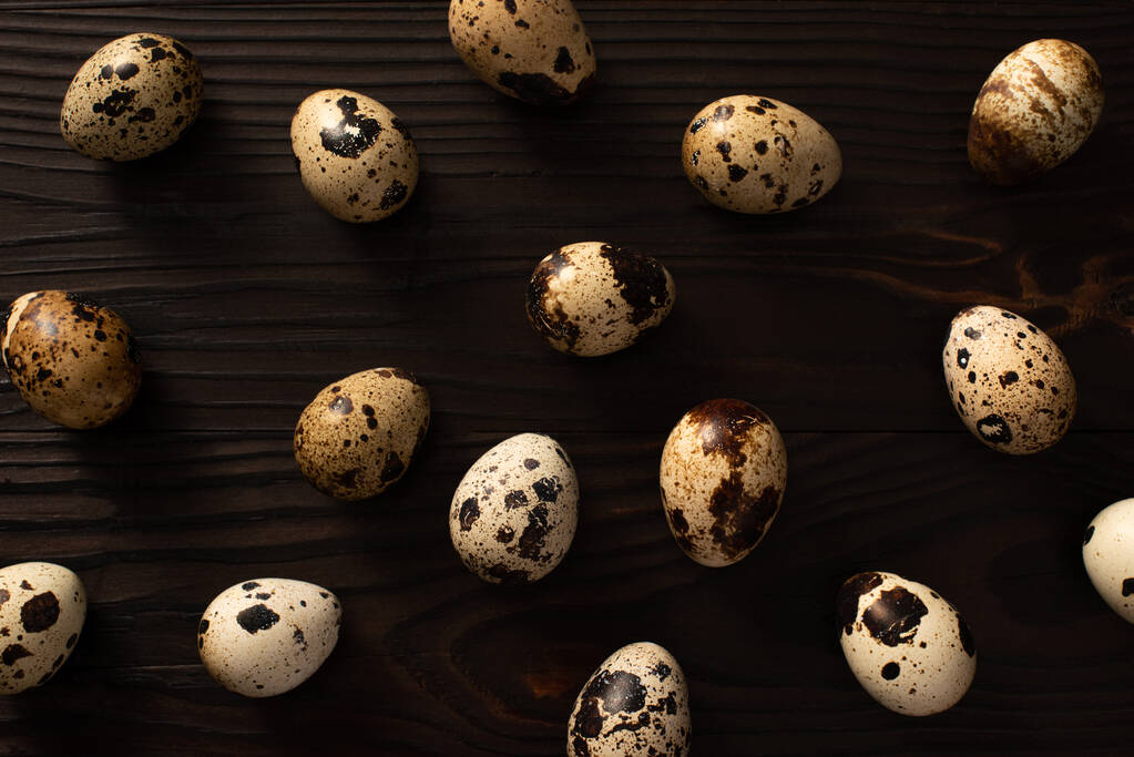 верхний вид перепелиных яиц на темном деревянном фоне
 - Фото, изображение