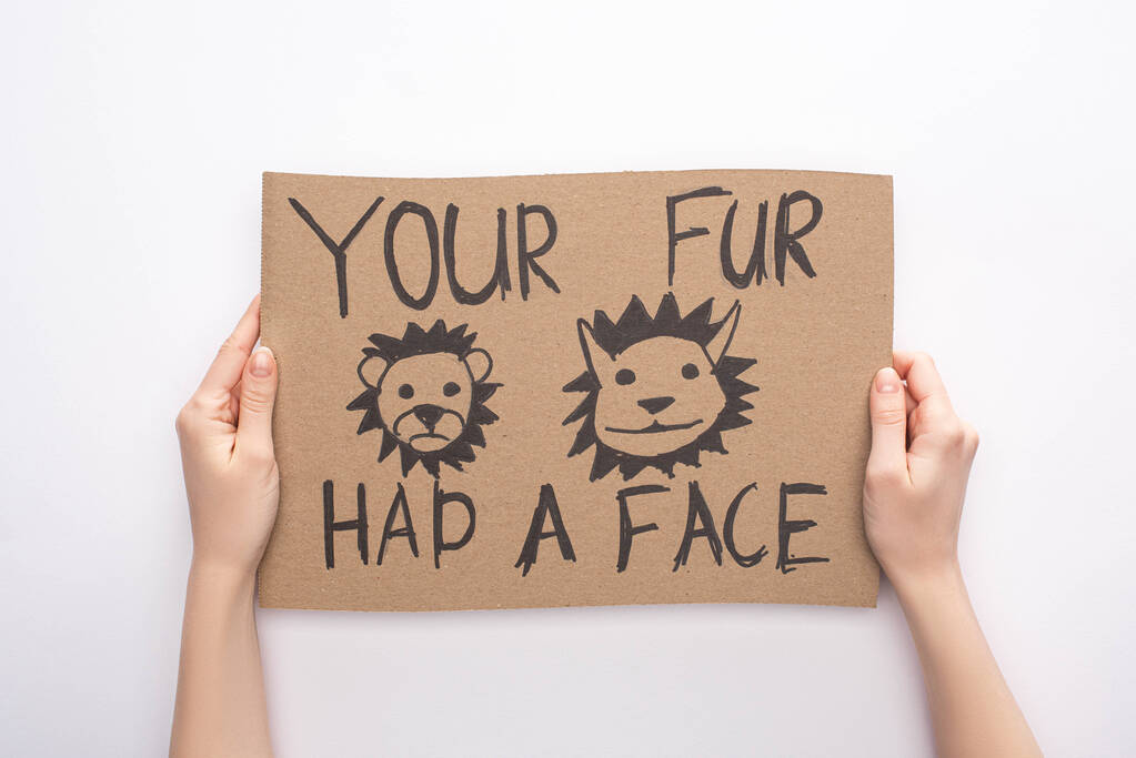 partial view of woman holding cardboard sign with your fur had a face inscription on white background - Photo, Image