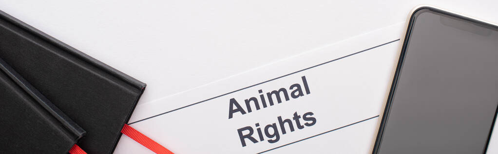 panoramisch shot van dierenrechten inscriptie, zwarte notitieboekjes en smartphone op witte achtergrond - Foto, afbeelding