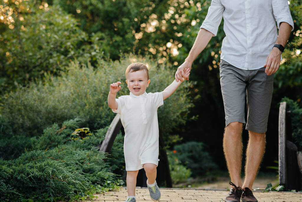 Isä ja poika kävelevät puistossa auringonlaskun aikaan. Onnellisuus. Rakkaus - Valokuva, kuva
