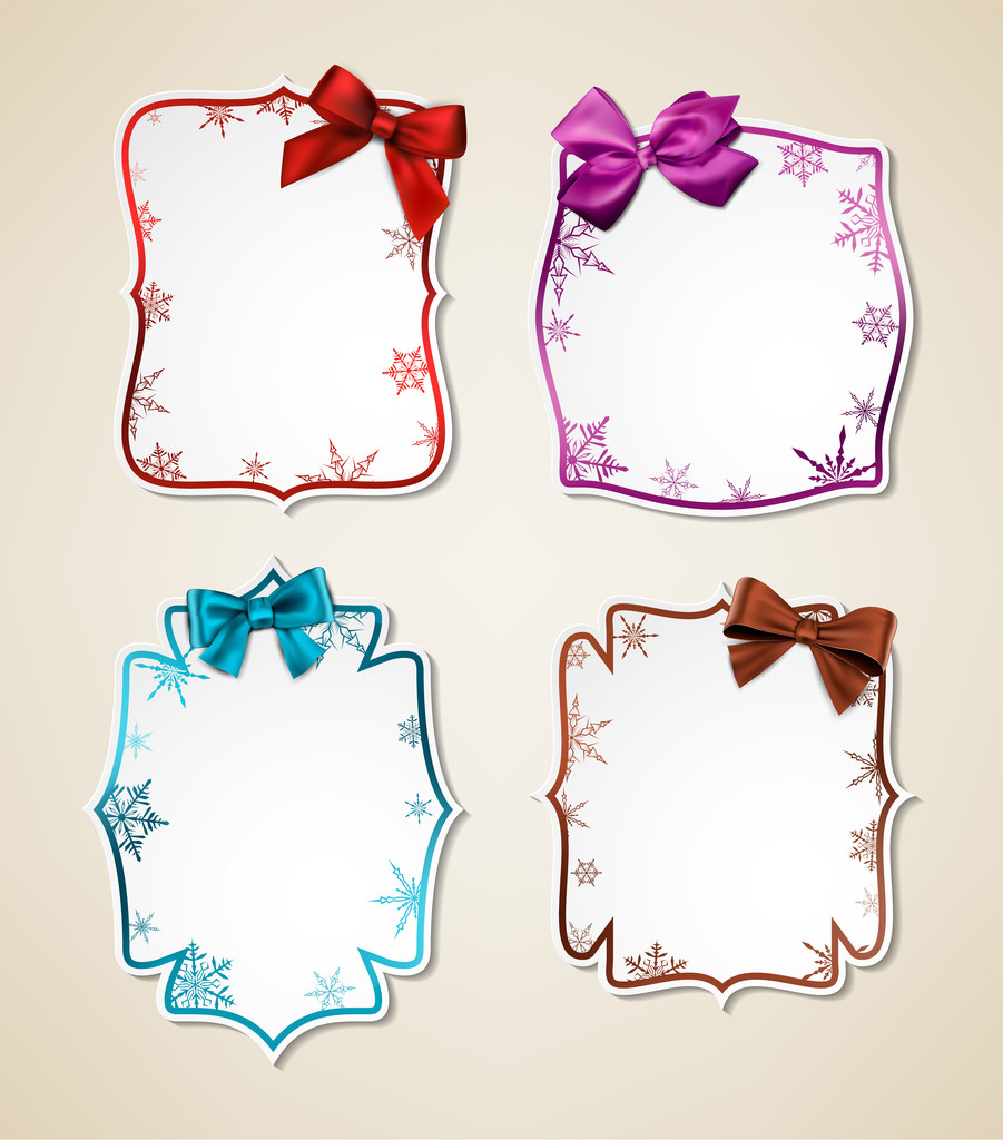 White paper gift cards with color satin bows. - Vector, Image