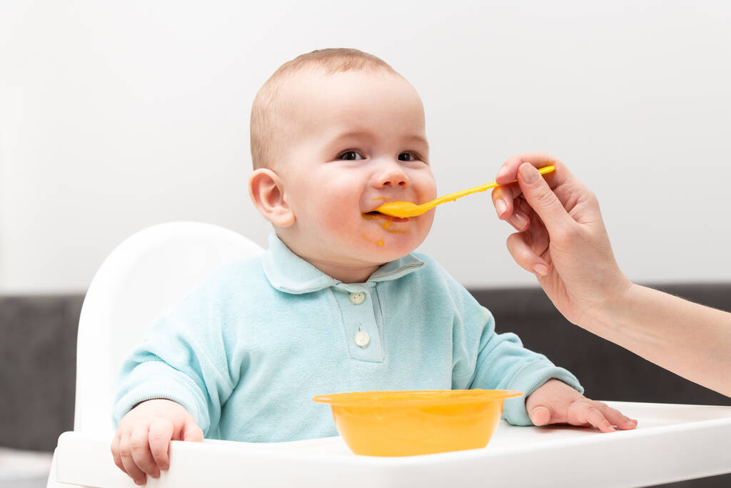 Glückliche Mutter Nanny oder Schwester füttert ein kleines Baby mit einem Löffel Essen zu Hause - Foto, Bild