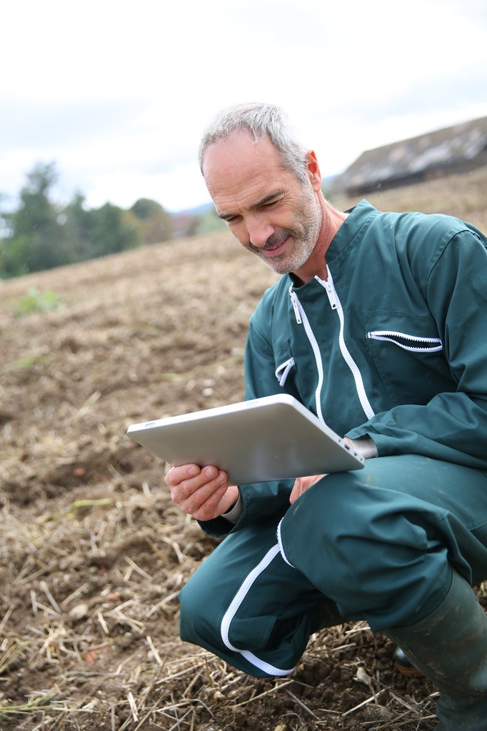 Agricultor en el campo usando tableta digital
 - Foto, imagen