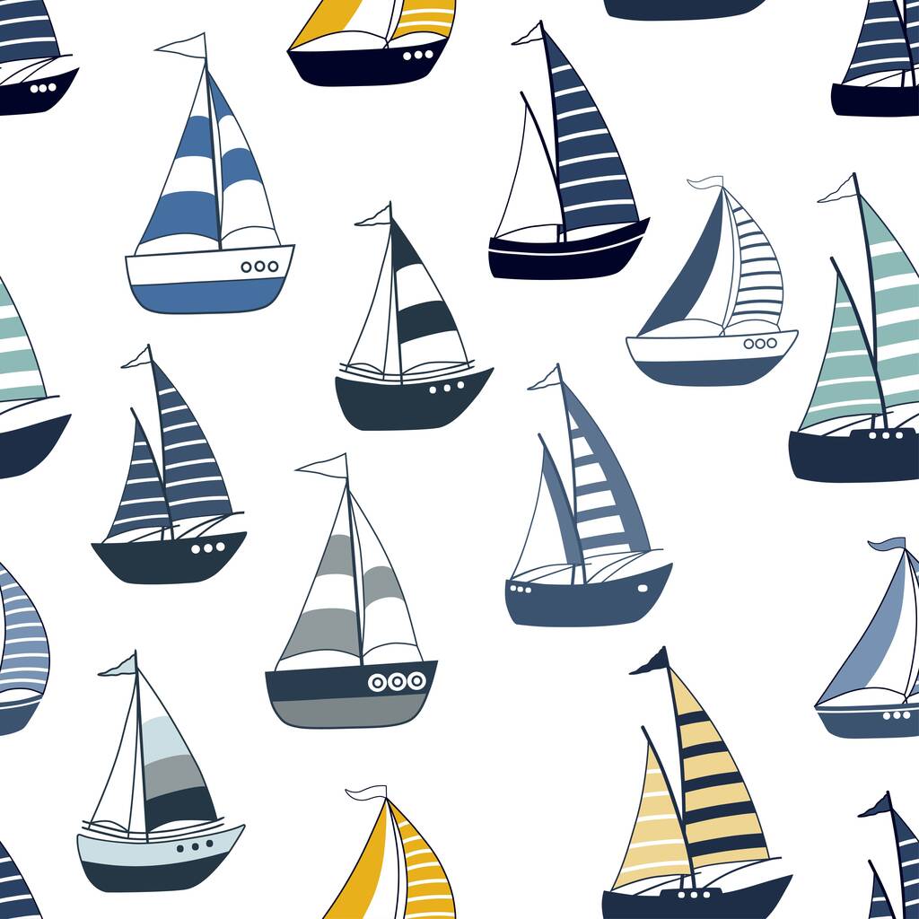 白い背景の漫画ボートに海洋のシームレス パターン - ベクター画像