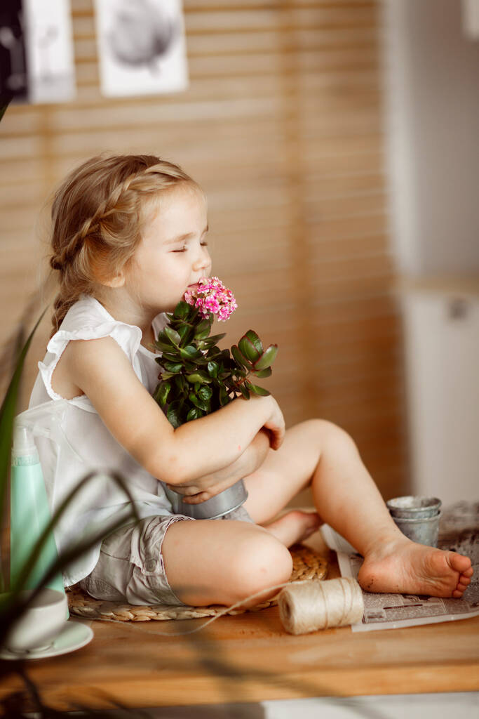 mała dziewczynka z wewnętrznymi kwiatami do garnka - Zdjęcie, obraz