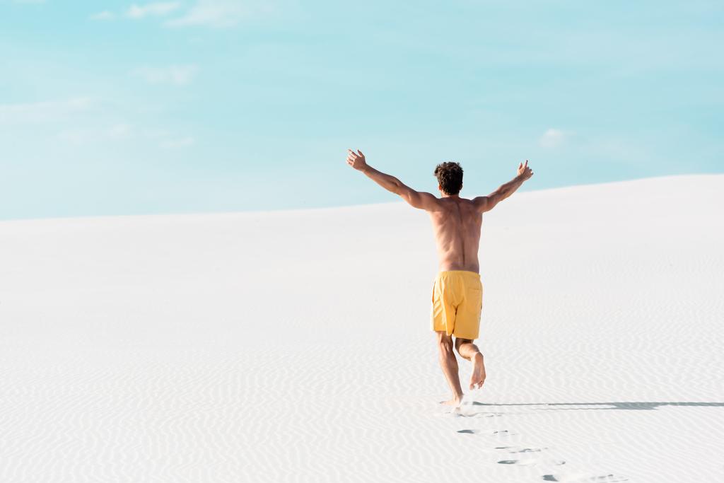 visão traseira do homem em calções de natação com tronco muscular correndo na praia arenosa
 - Foto, Imagem
