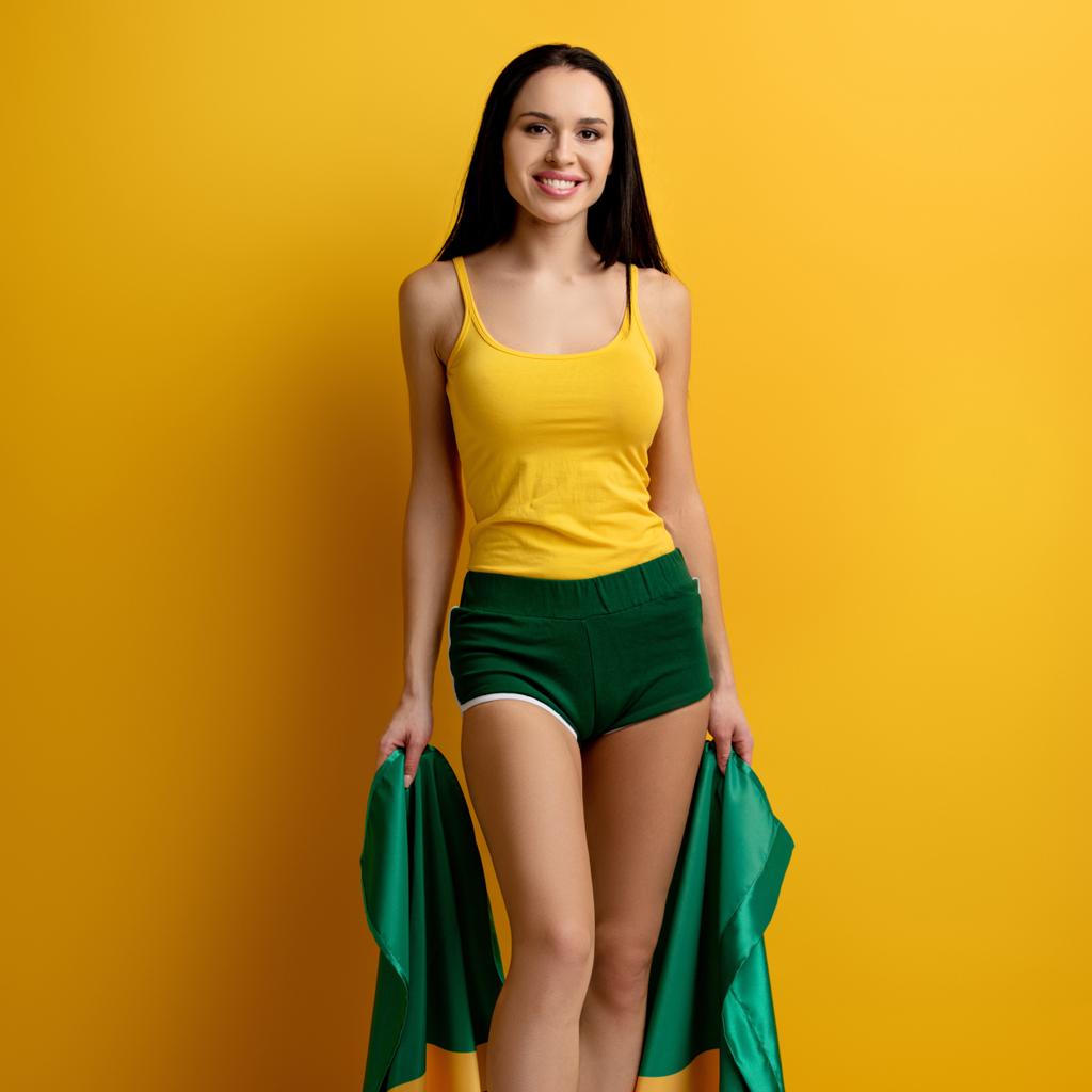 glimlachende aantrekkelijke voetbal fan in korte broek met Braziliaanse vlag op geel  - Foto, afbeelding