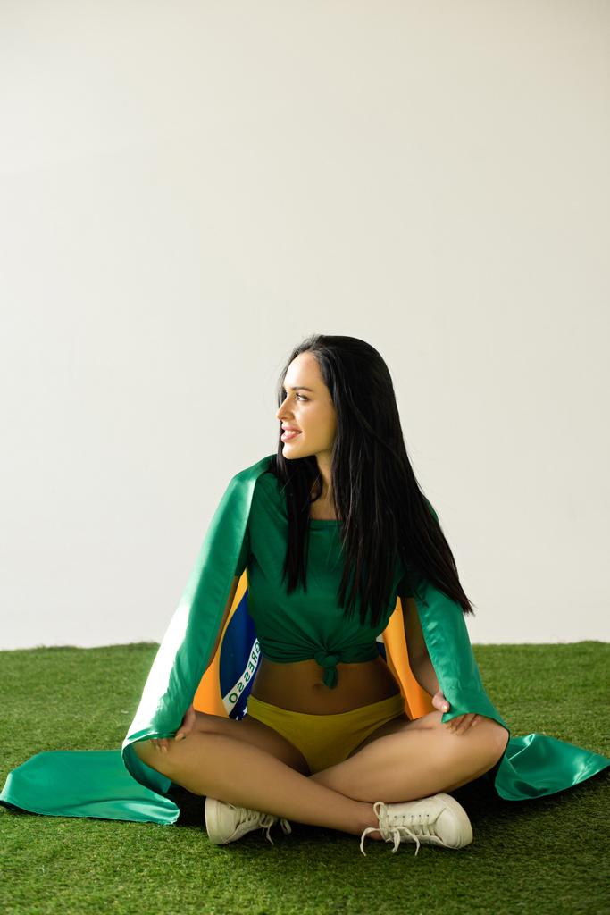 улыбающийся сексуальный футбольный фанат, сидящий с бразильским флагом на зеленой траве
 - Фото, изображение