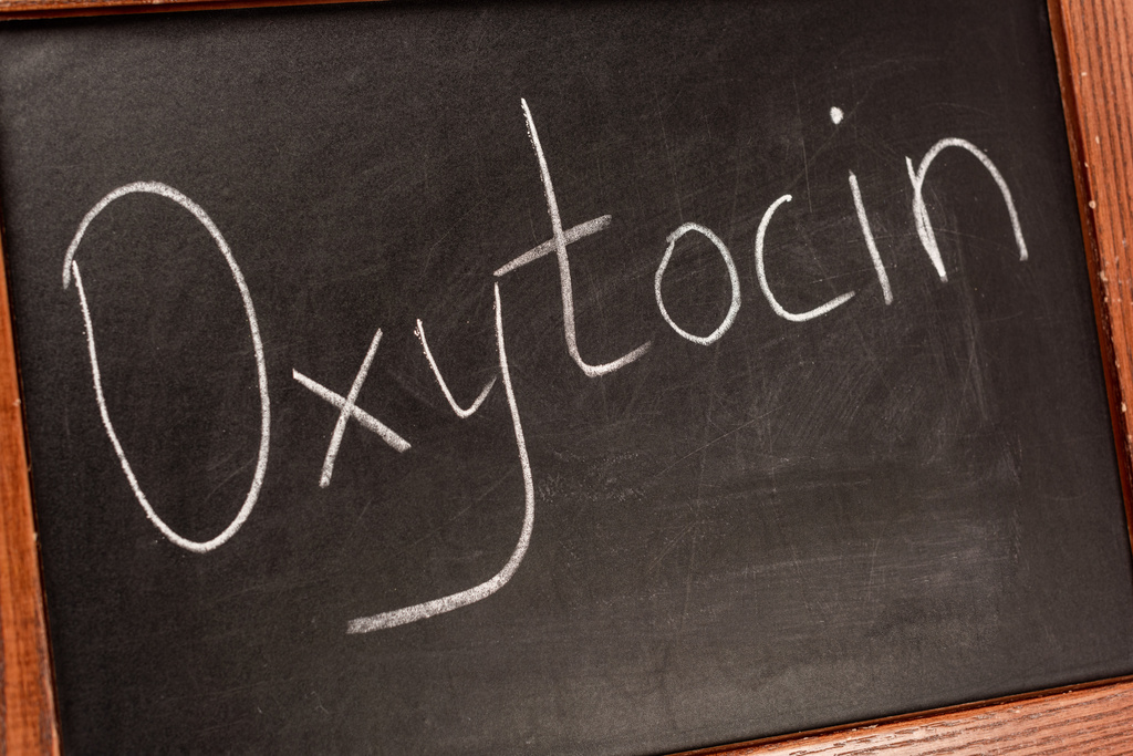 Visão de close-up de lettering ocitocina em quadro preto com moldura de madeira
 - Foto, Imagem