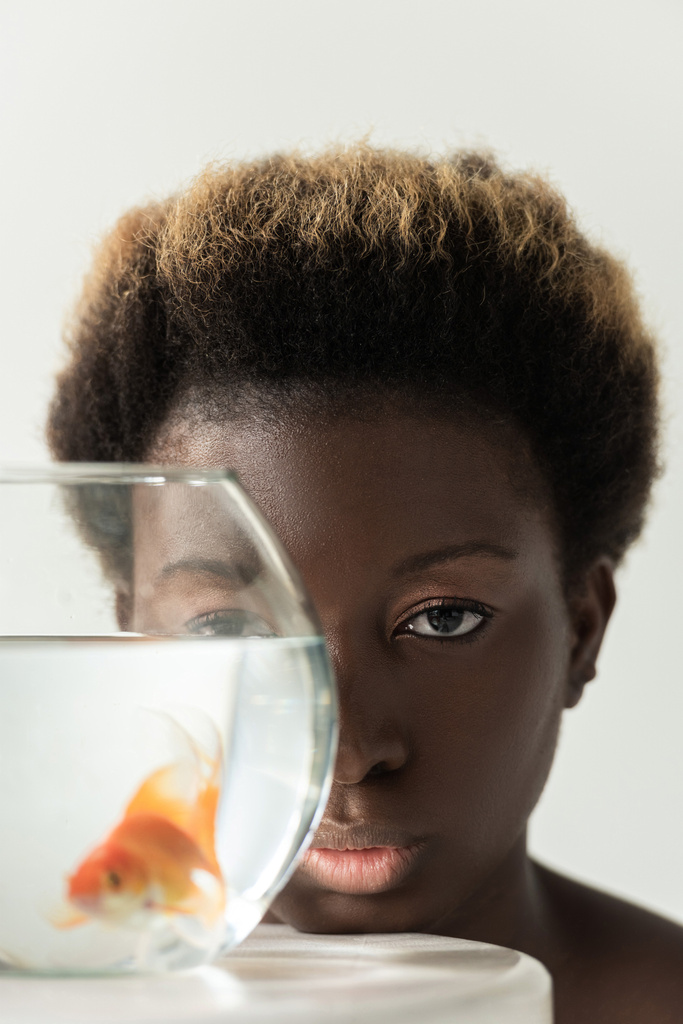 menina afro-americana olhando através do aquário com peixes isolados em cinza
   - Foto, Imagem