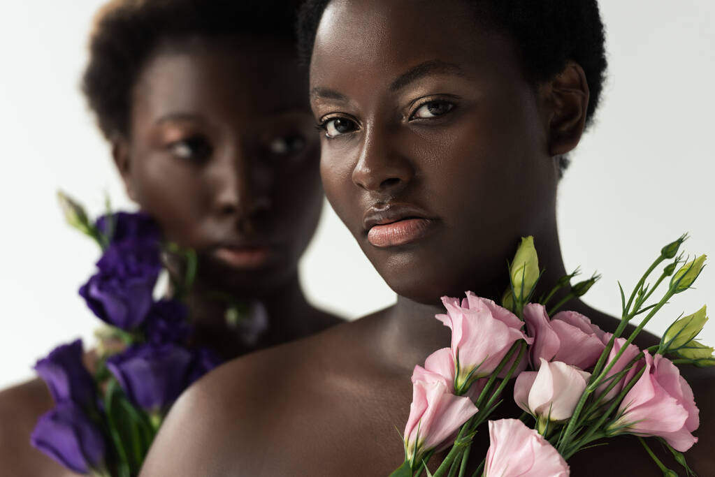 selectieve focus van naakte Afro-Amerikaanse vrouwen met roze en paarse bloemen geïsoleerd op grijs - Foto, afbeelding