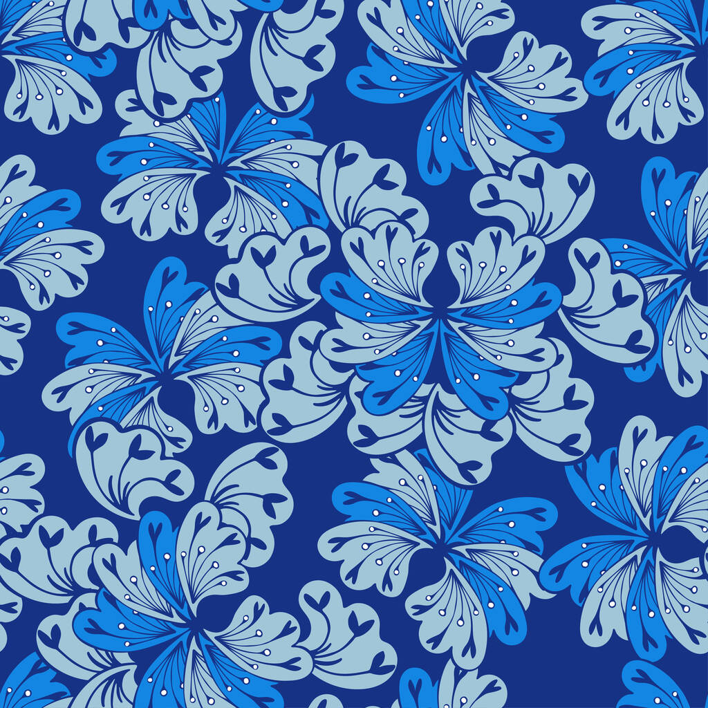 濃い青の背景に抽象的な青と紺色の花を咲かせます。レトロなスタイルのファンタジー植物。シームレスなベクトルパターン. - ベクター画像
