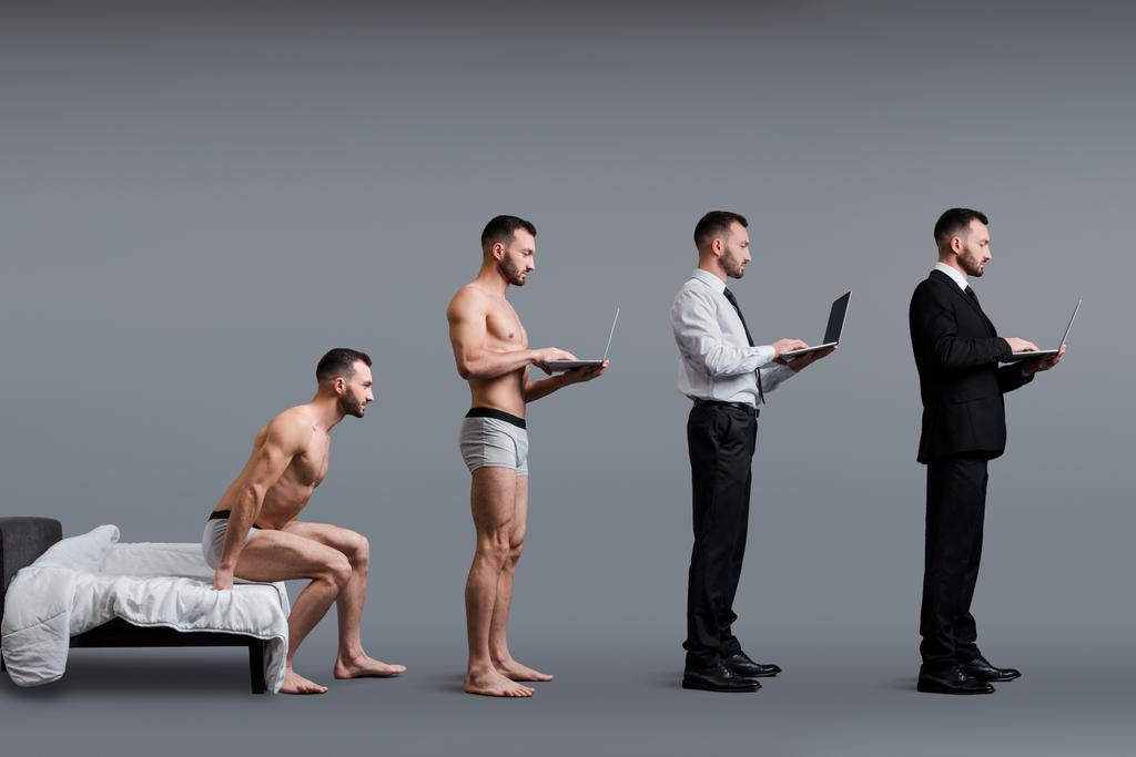 collage di uomo seduto sul letto, in piedi e utilizzando il computer portatile in abito formale su grigio, concetto di evoluzione
  - Foto, immagini