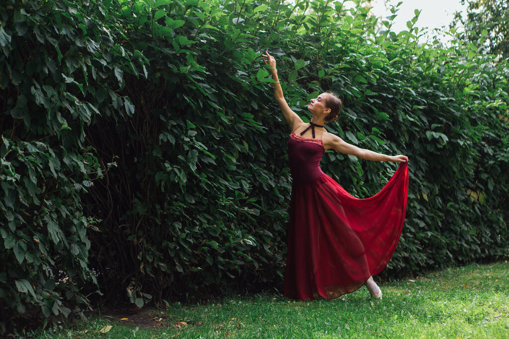 Ballerina in rotem Ballettkleid tanzt in Spitzenschuhen im herbstlichen Park neben der Buschwand. Ballerina in wunderschöner Ballett-Pose - Foto, Bild