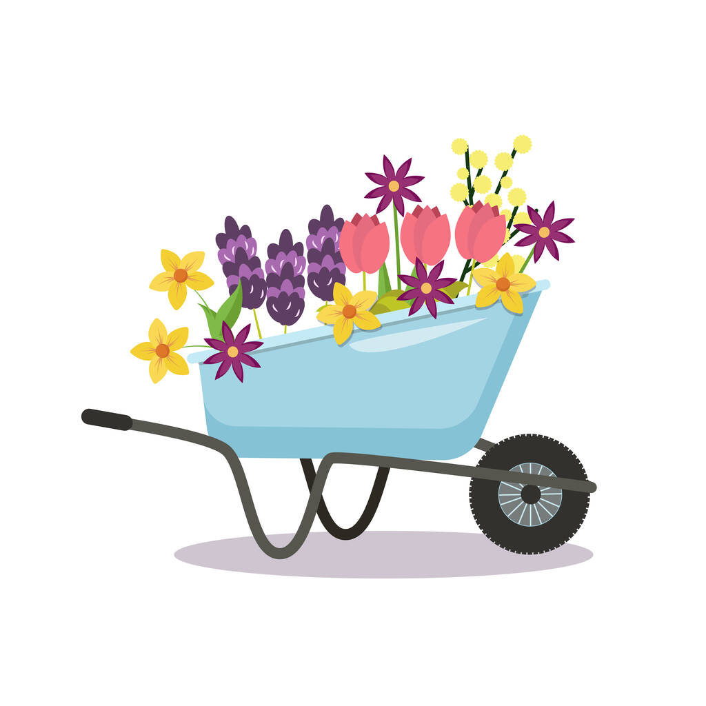 Садова інвалідна коляска з весняними квітами. Стокова векторна графіка. Ізольовані на білому тлі
. - Вектор, зображення