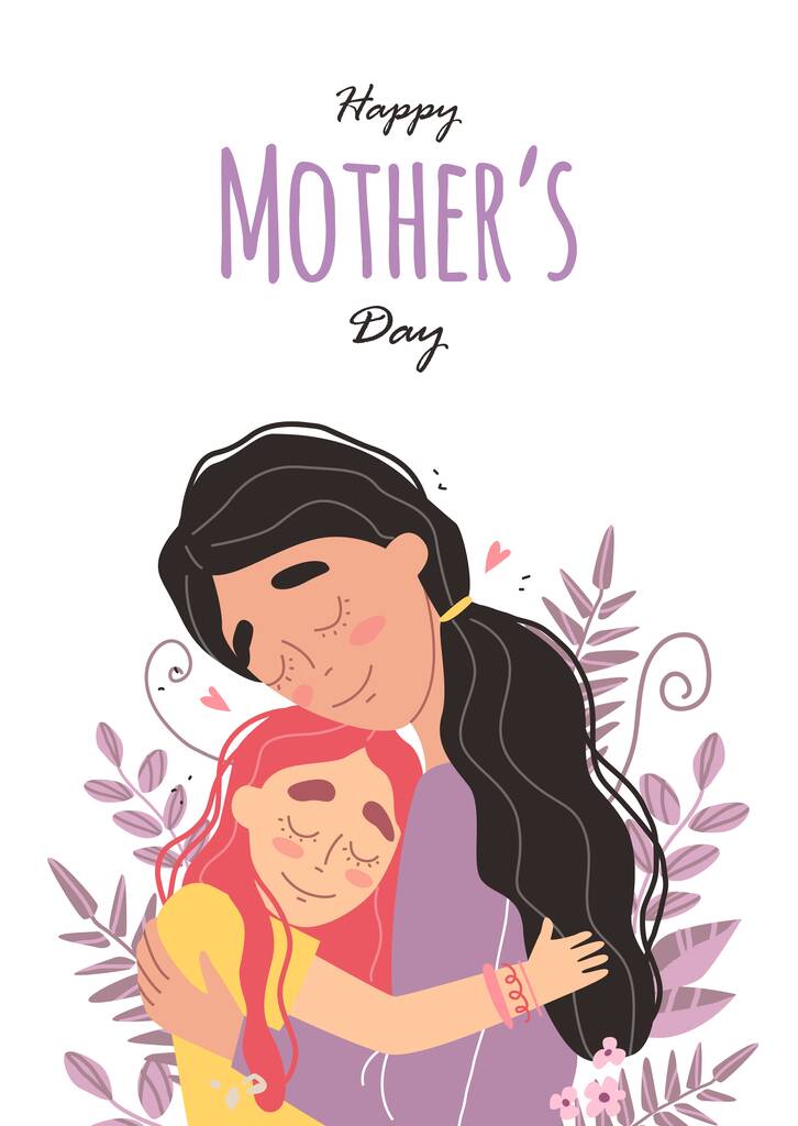 Mothers day greeting card. Mom and girl are smiling and hugging. Family holiday and togetherness. Vector eps 10 - Vector, Image