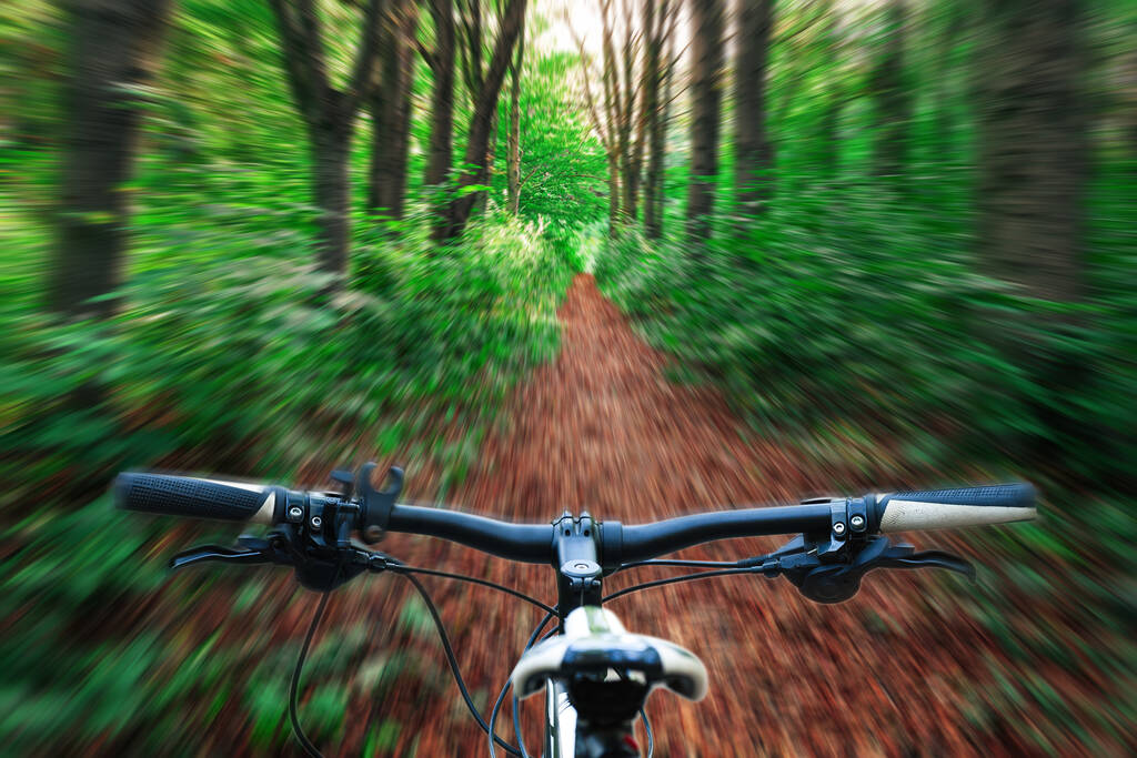 Mountain biking down hill descending fast on bicycle. View from bikers eyes. - Photo, Image
