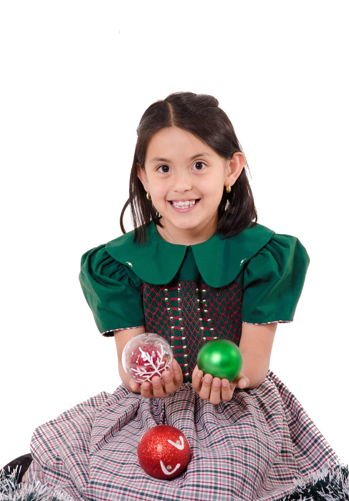 yeşil bir Noel tatili elbise giyen sevimli kız - Fotoğraf, Görsel