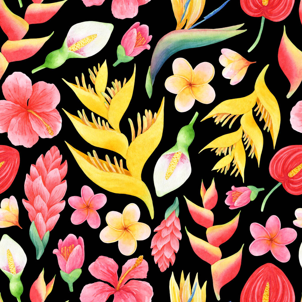 Akvarell zökkenőmentes minta kézzel rajzolt virágok nedves esőerdőkből. Fényes trendi trópusi design fekete háttér szövet, ajándék csomagolás, kártyák dekoráció, digitális papír, bannerek. - Fotó, kép