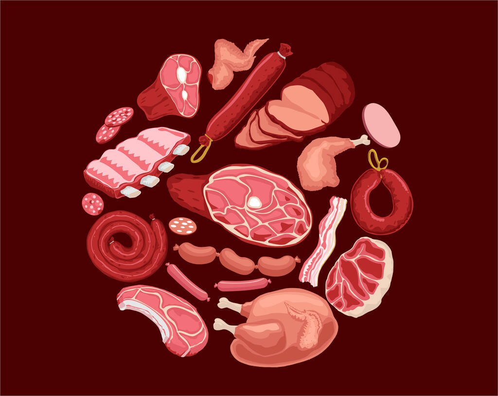 Meat set illustration. Fresh meat and boiled sausage, salami and chicken, bacon, raw sliced pork tenderloin and cooked ham for barbeque meal and gourmet shopping vector illustration - Vector, Image