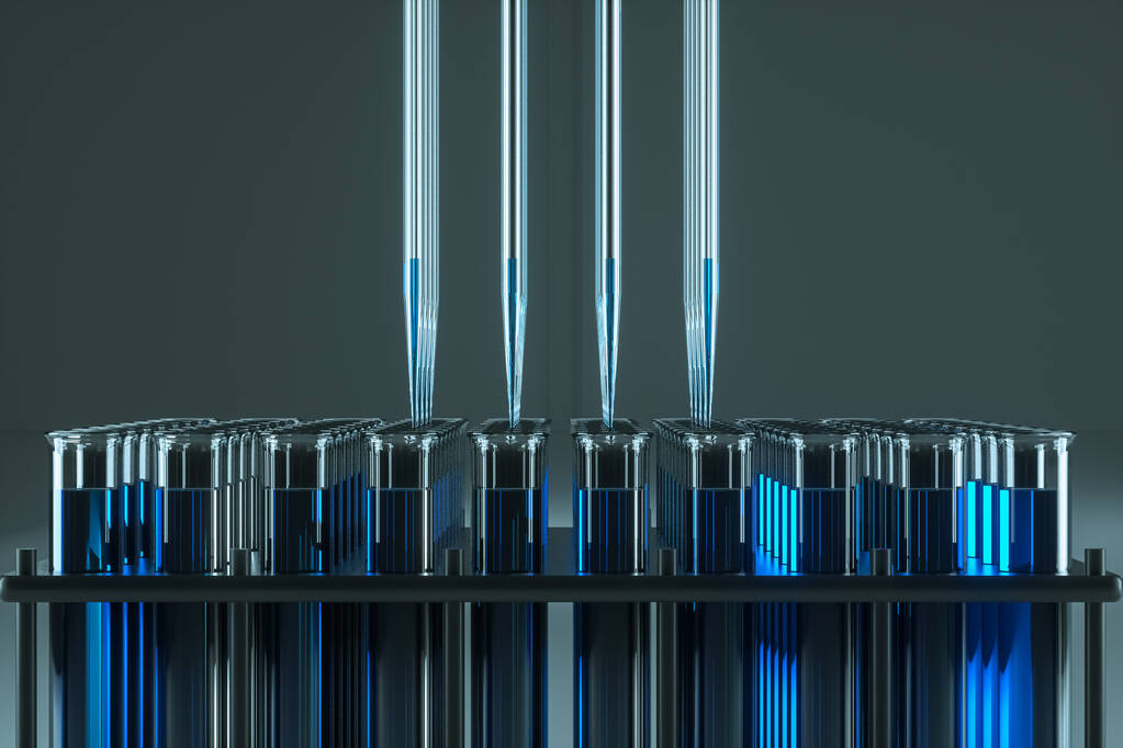 Laboratorní zkumavky s modrými tekutými a laboratorními pipetami. Koncept vakcíny, technologie, medicíny. 3D vykreslování, 3D ilustrace, kopírovací prostor - Fotografie, Obrázek