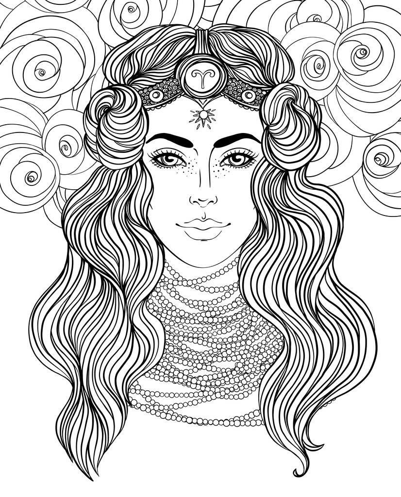 Ilustrace Aries astrologické znamení jako krásná dívka. Zvěrokruhová vektorová kresba izolovaná černobíle. Pozorování budoucnosti, horoskop, alchymie, spiritualita. Omalovánky pro dospělé. - Vektor, obrázek
