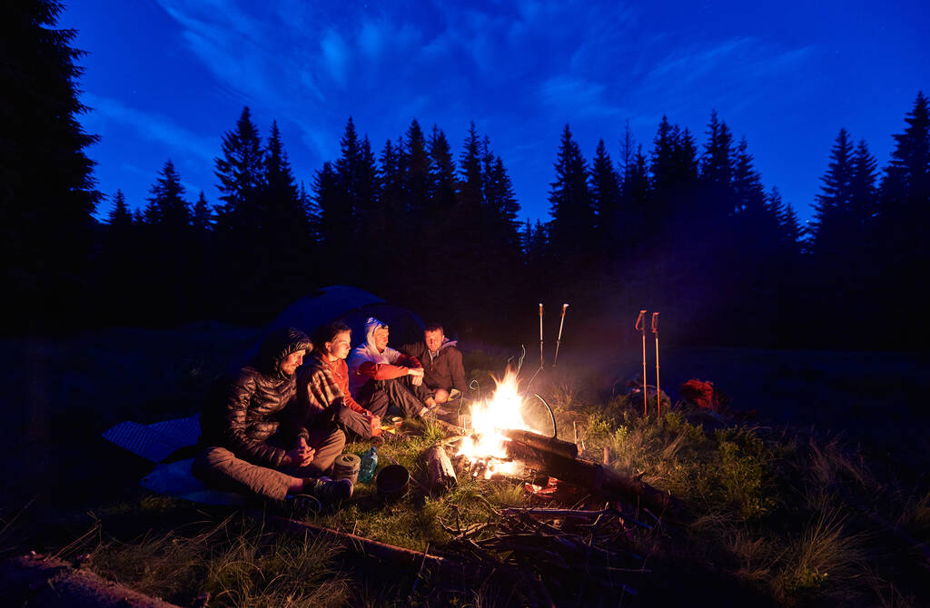 Ilta leirintäalue lähellä tulta, kuusimetsä taustalla. Ryhmä neljä ystävää istuu yhdessä lähellä nuotiota, nauttia raitista ilmaa lähellä telttaa turistien laitteet lähellä, tumma rentouttava tunnelma
. - Valokuva, kuva