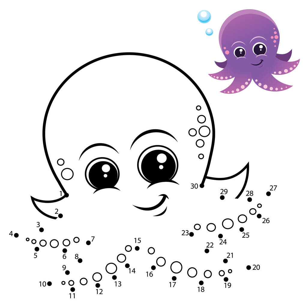 Onderwijs Cijfers spel. Dot to dot spel. Octopus tekenfilm - Vector, afbeelding