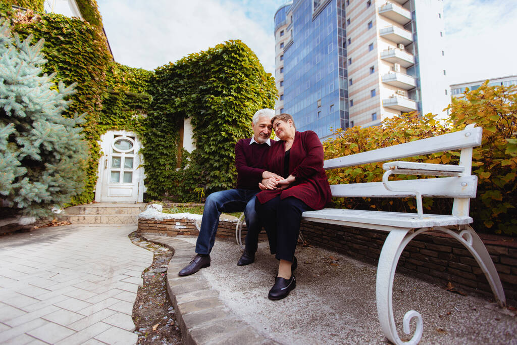 Elderly couple in love walking in the autumn park. Old people are sitting on a bench - Photo, Image