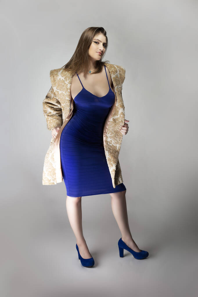Modèle de mode féminine portant un manteau beige brocart en laine ou coton et une robe sexy bleue dans le style catalogue studio. Représente les tendances du printemps ou de l'automne
 - Photo, image