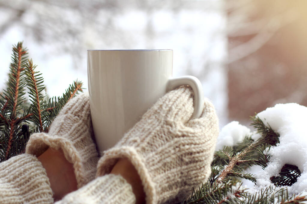 Las manos en manoplas sostienen la taza blanca contra el fondo de un árbol verde cubierto de nieve. bebida caliente para la mañana de invierno
 - Foto, imagen